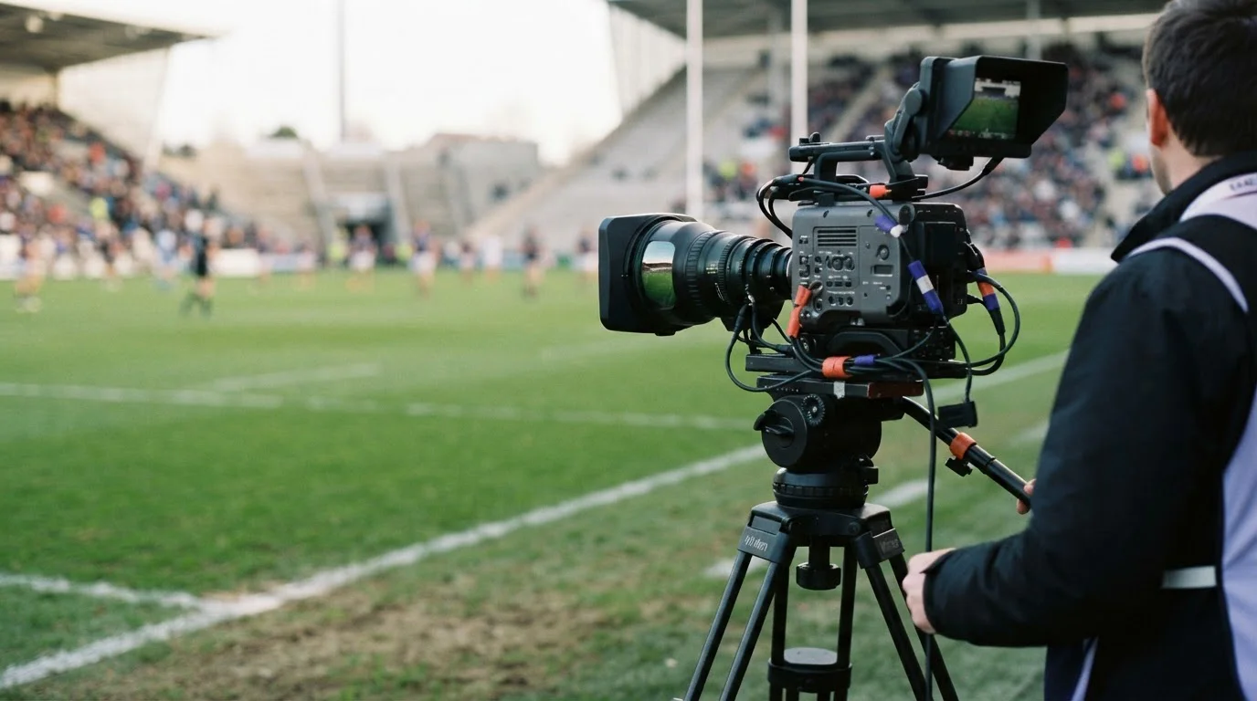 Fernsehkamera auf einem Stativ an der Seitenlinie eines Sportplatzes