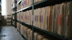 Mehrere beschriftungsfreie Archivordner stehen geordnet in einem Regal