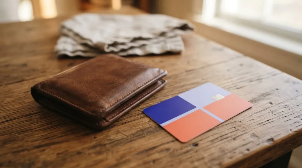 Bankkarte und Lederbrieftasche liegen nebeneinander auf einem Tisch