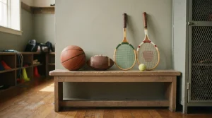 Bälle und Tennisschläger geordnet in einem Sportgeräteraum