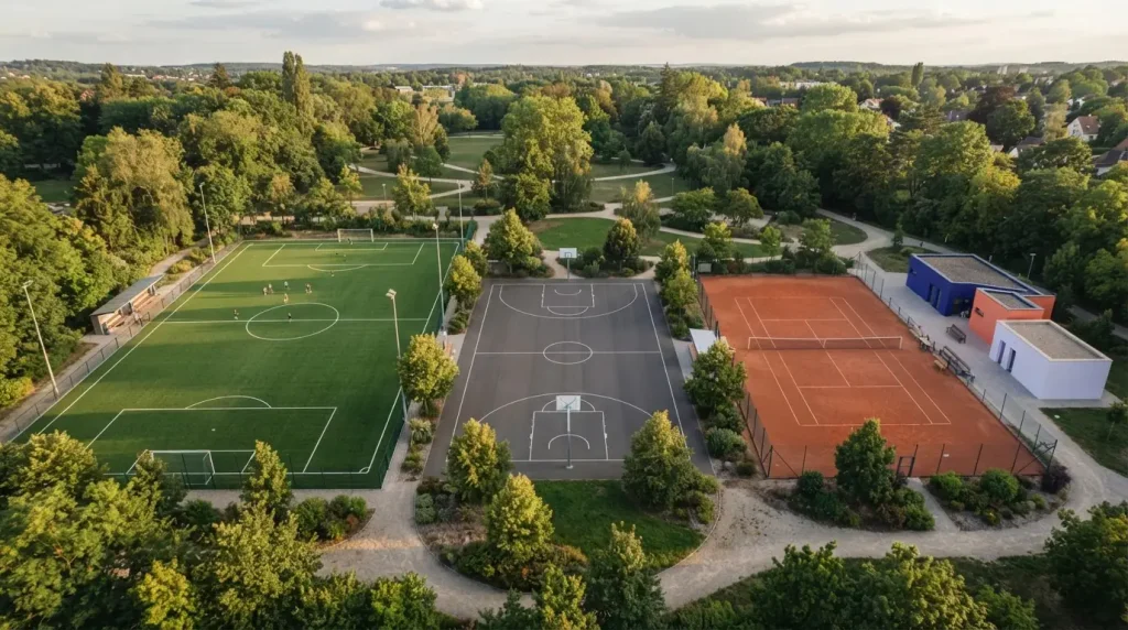 Fußballfeld, Basketballfeld und Tennisplatz aus der Vogelperspektive