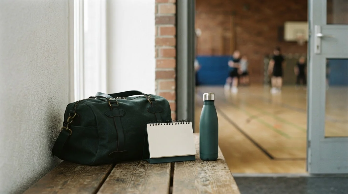 Sporttasche und Kalender neben einer Wasserflasche auf einer Holzbank